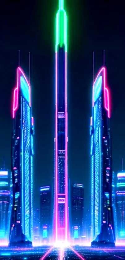 Futuristic cityscape with neon skyscrapers glowing in blue and pink.