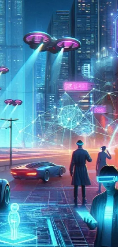 Futuristic cityscape with neon lights and holographic displays.