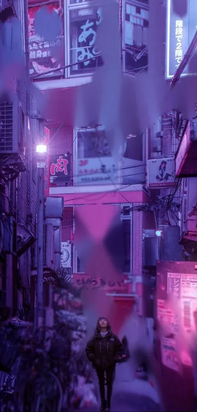 Futuristic urban alley with neon lights at night.