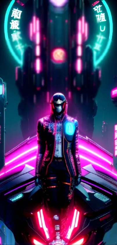 Futuristic neon cityscape with cyberpunk elements in vivid colors.