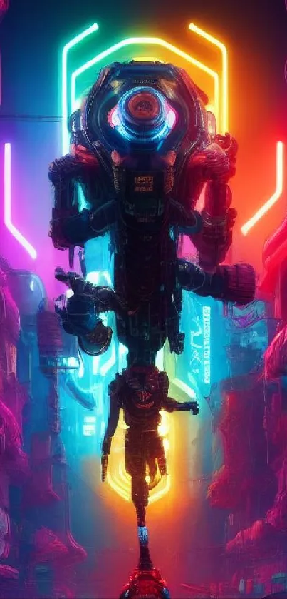 Futuristic cityscape with neon lights and a robotic figure in vivid colors.