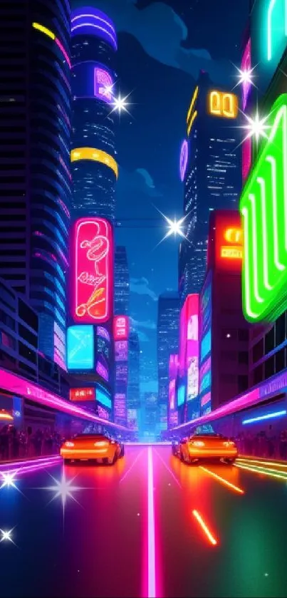 Futuristic neon cityscape wallpaper with glowing signs and vibrant colors.