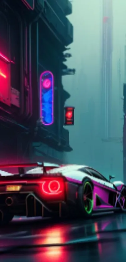 Futuristic cityscape with neon lights and sports car.