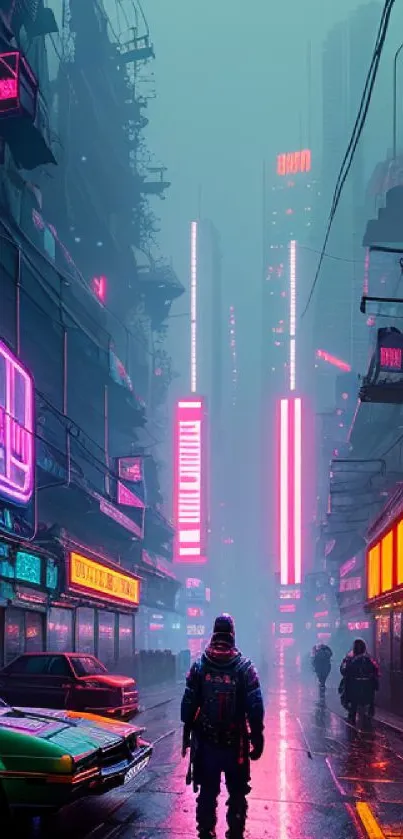 A lone figure walks through a neon-lit futuristic cityscape.