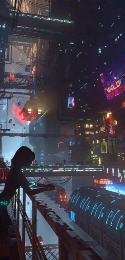 Silhouette in a futuristic neon-lit cityscape at night.