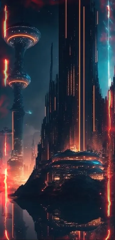 Futuristic neon cityscape with vibrant lights and towering skyscrapers.