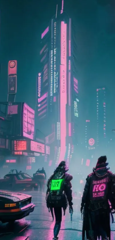 Futuristic cyberpunk cityscape with neon lights.