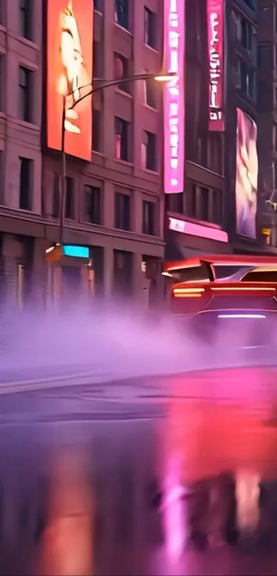 Futuristic cityscape with neon lights and a car in motion.