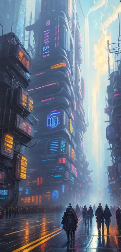 Futuristic neon cityscape with glowing signs and misty streets.