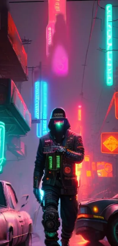 Mysterious figure in a neon-lit cyberpunk city street at night.