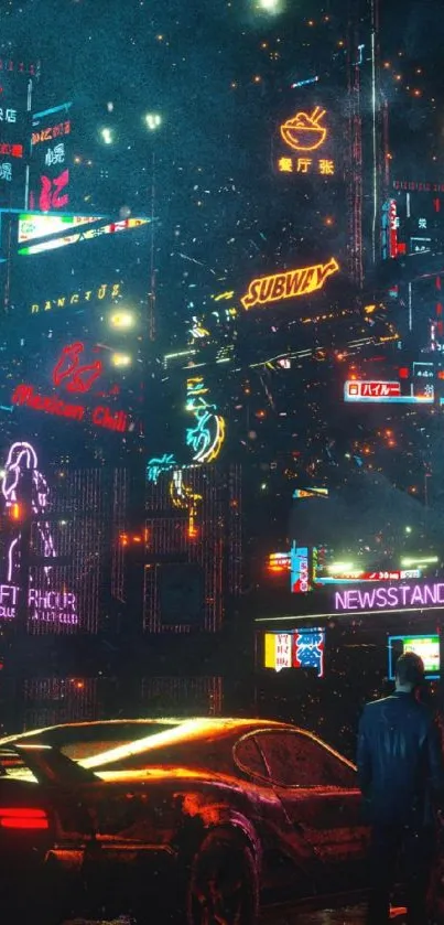 Futuristic neon cityscape with car at night.