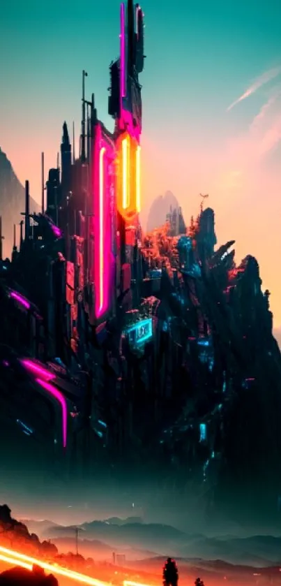 Futuristic neon-lit cityscape with towering structures.