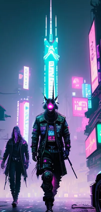 Futuristic cyberpunk cityscape with neon lights and mysterious figures.