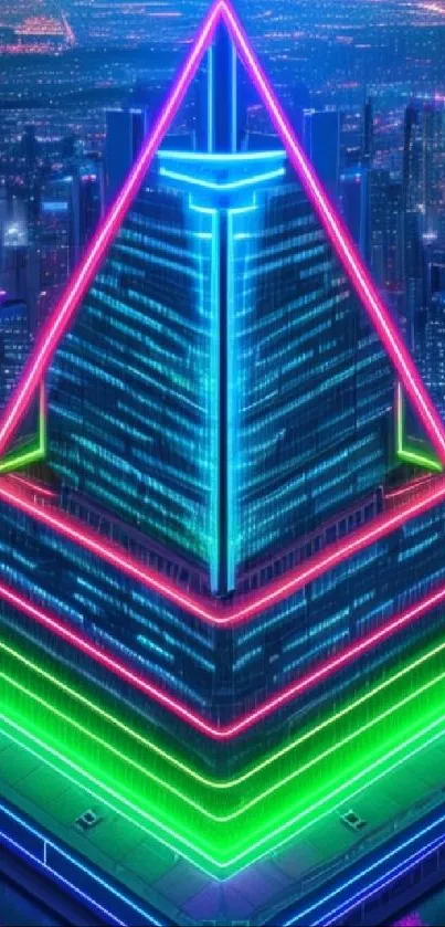 Futuristic cityscape wallpaper with neon pyramid.