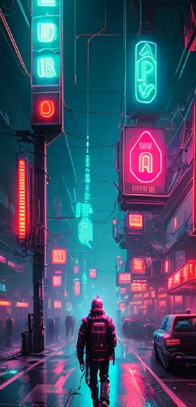 Futuristic neon-lit street in a cyberpunk cityscape.