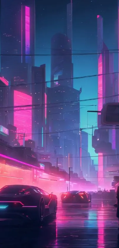 Futuristic cityscape with neon pink lights and towering skyscrapers at night.