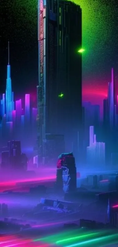 Futuristic neon cityscape with skyscrapers and vibrant lights.