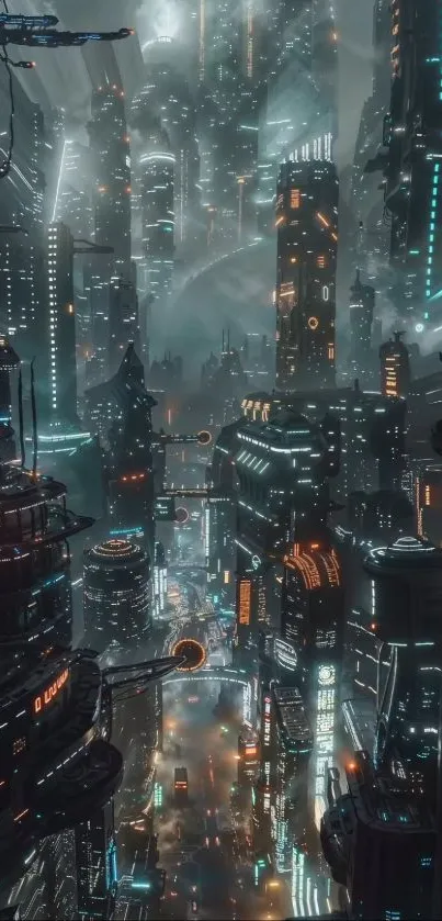 Futuristic cityscape with neon lights and towering skyscrapers at night.