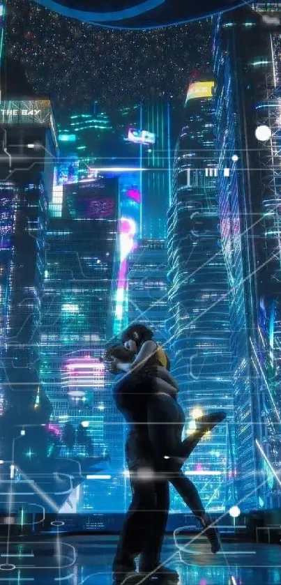 Futuristic neon cityscape with couple in embrace.