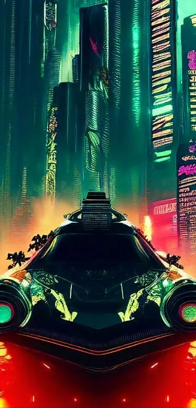 Futuristic cityscape with neon lights and retro vehicle in vibrant colors.