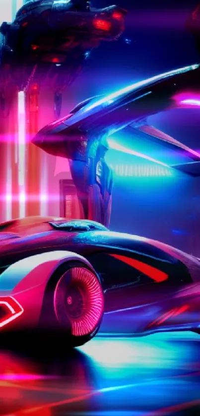 Futuristic car under neon lights in a vibrant cyberpunk city setting.