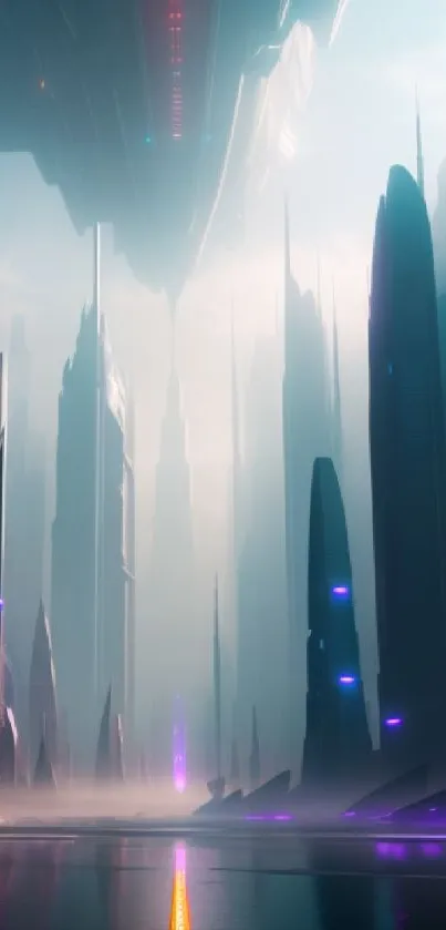 Futuristic cityscape with neon skyscrapers and a blue skyline.