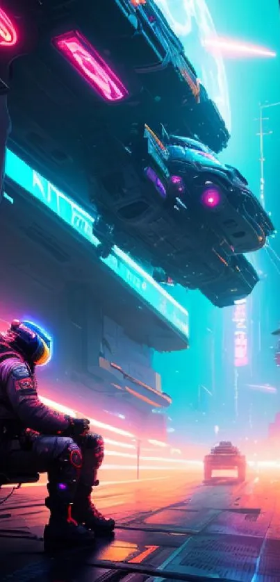 Futuristic neon cityscape with astronaut in a cyberpunk theme.