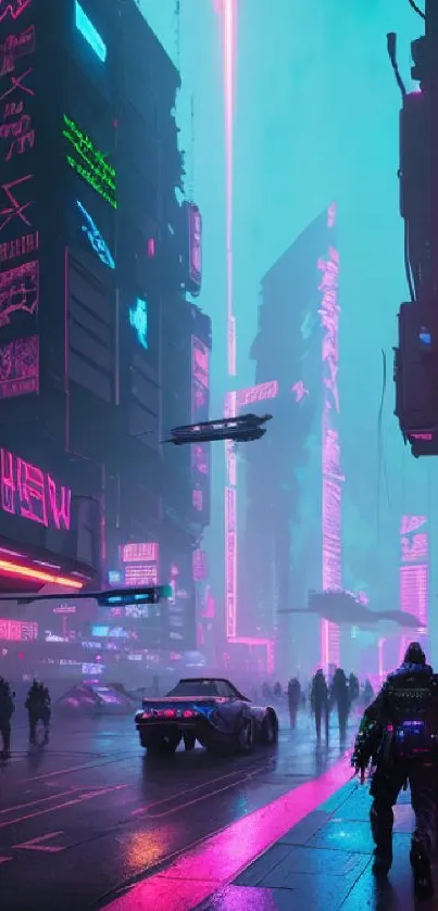 Futuristic neon cityscape with vibrant colors and cyberpunk elements.