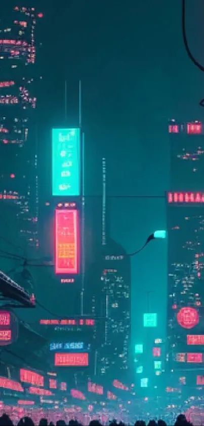 Futuristic neon cityscape with vibrant lights and silhouetted figures on the street.