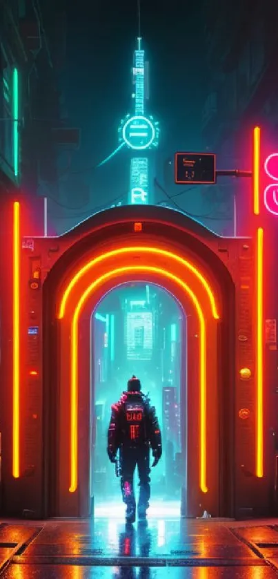 Futuristic neon cityscape with vibrant colors and a mysterious figure.