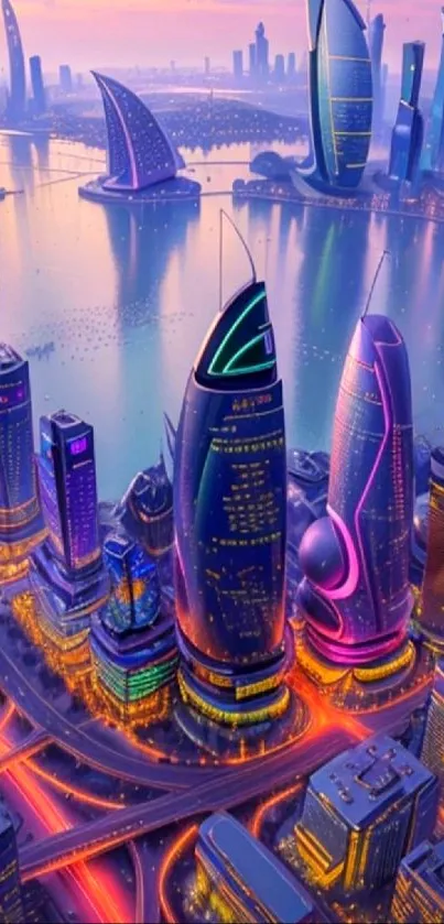 Dynamic futuristic cityscape with neon skyscrapers and reflections.