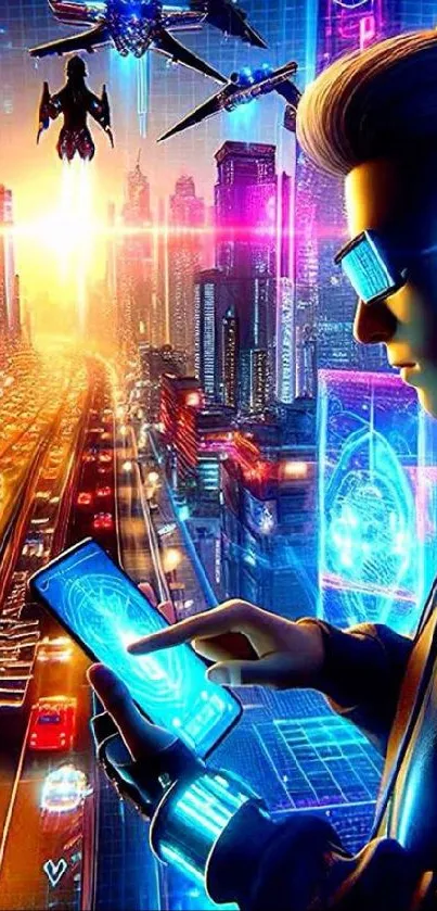 Futuristic neon cityscape with person using technology in vibrant digital art.