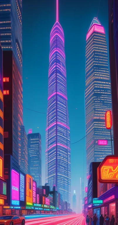 Futuristic neon cityscape with skyscrapers, ideal for a vibrant wallpaper.