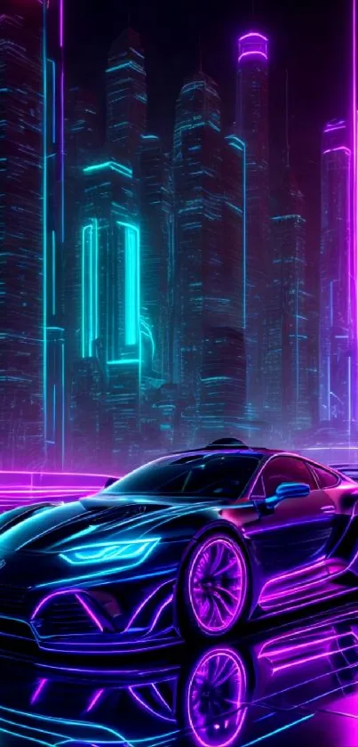 Futuristic car with neon lights in a cityscape wallpaper.