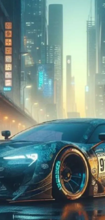 Futuristic car with neon lights in a vibrant city.