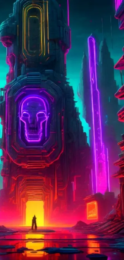 Futuristic neon cityscape with vibrant colors and sci-fi architecture in the dark.