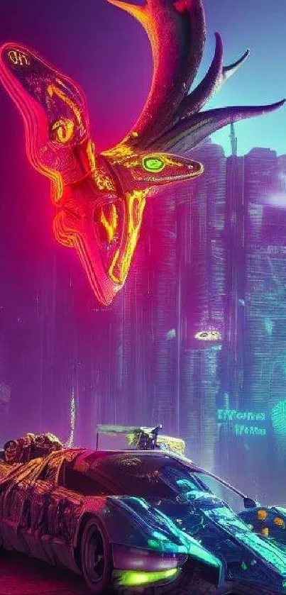 Futuristic neon cityscape with sci-fi car and holographic deer for mobile wallpaper.