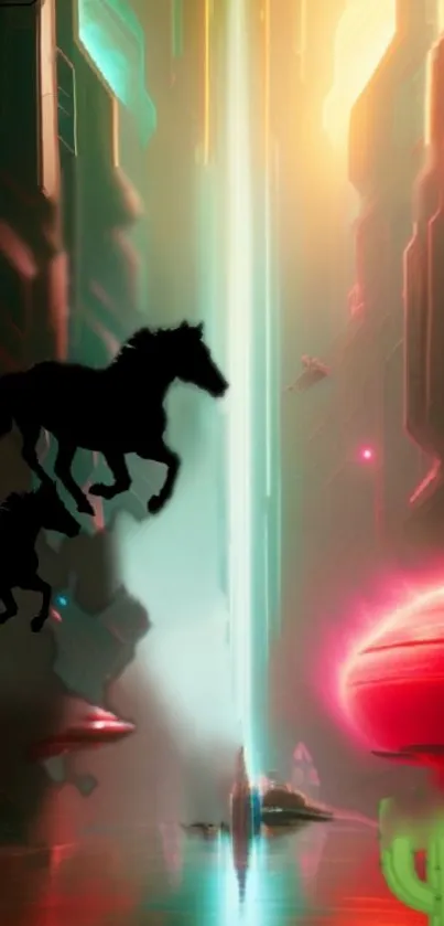 Futuristic neon cityscape with horses in silhouette against vibrant colors.