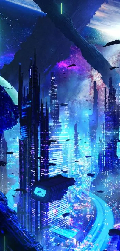 Futuristic neon cityscape with vibrant blues and purples, perfect for mobile wallpaper.