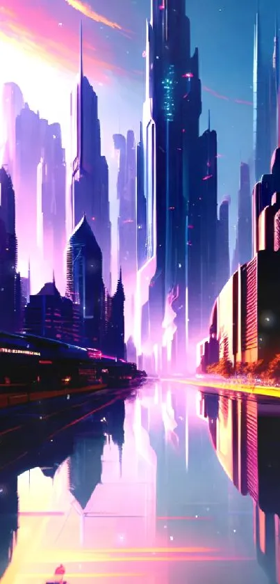 Futuristic cityscape with neon lights and reflections.