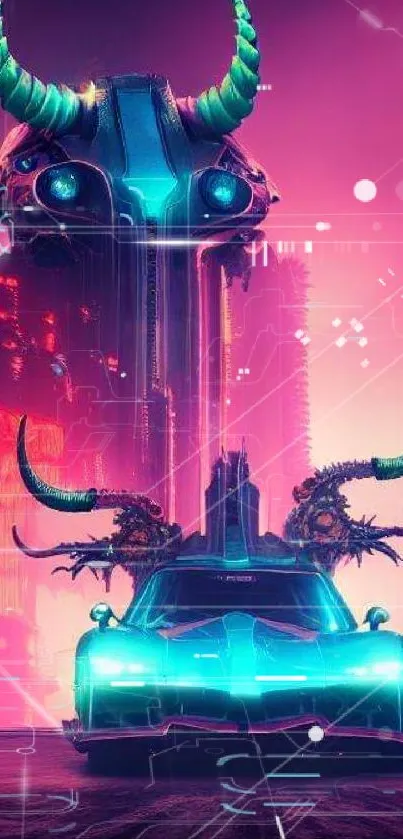 Futuristic neon car in a vibrant cityscape with glowing pink hues.