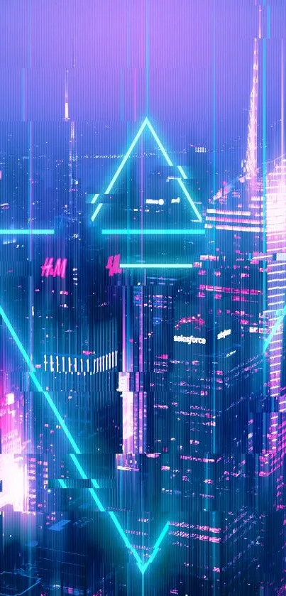 Futuristic neon cityscape with geometric design and vibrant hues for wallpaper.