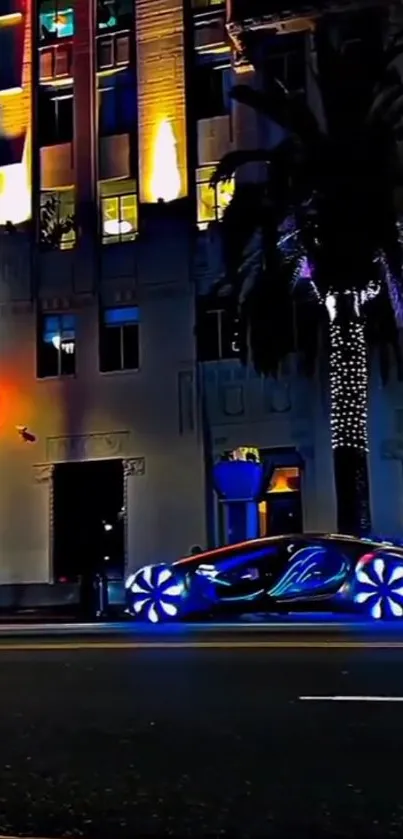 Futuristic car driving through a neon-lit cityscape at night.