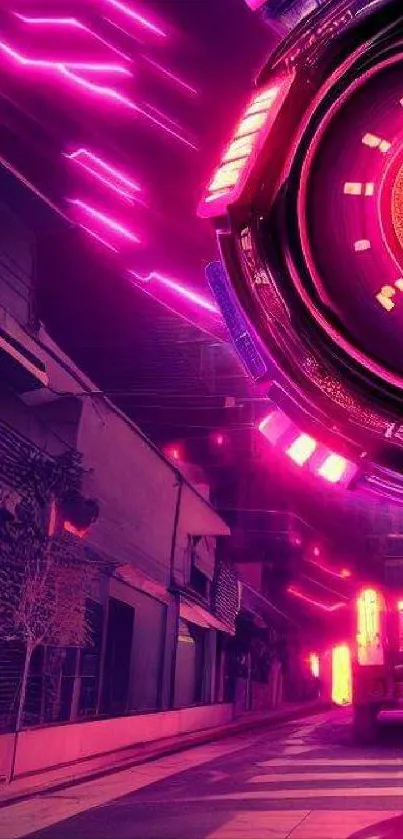 Futuristic neon cityscape with glowing pink lights and cyber elements.