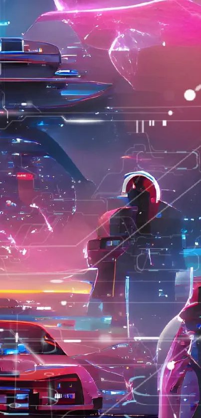 Futuristic neon cityscape with glowing accents and cyberpunk elements.