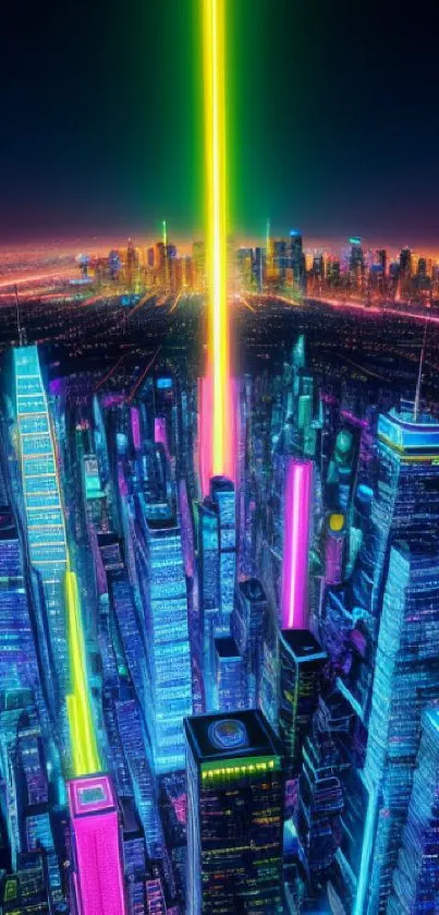 Futuristic neon city skyline with glowing skyscrapers and vibrant lights.