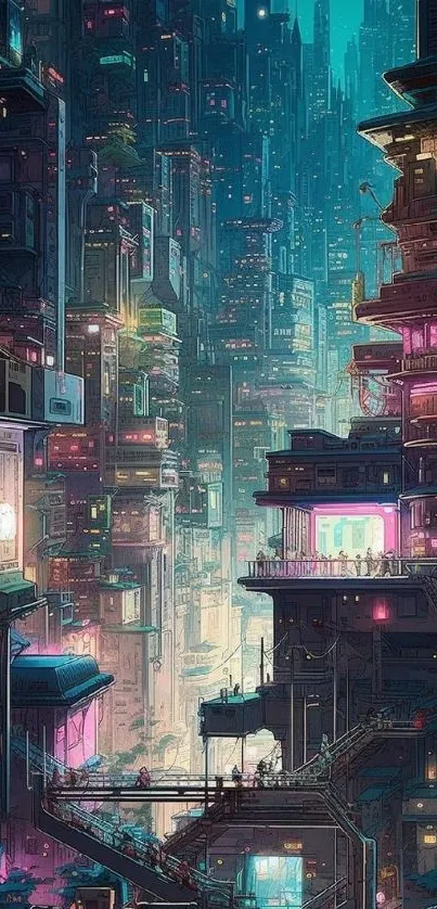 Futuristic neon cityscape with towering skyscrapers and vibrant lights.