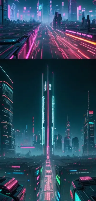 Futuristic city skyline with neon lights and towering skyscrapers.