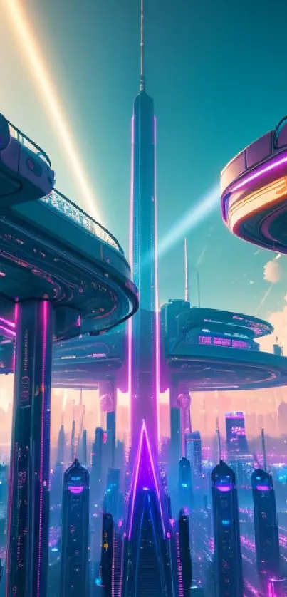 Futuristic cityscape with neon skyscrapers and glowing lights.