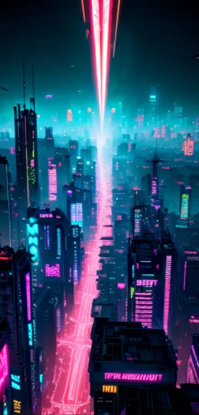 Futuristic neon cityscape with flying hovercars and vibrant skyscrapers.